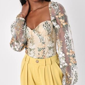 Lulus Essence Of Elegance Beige Embroidered Long Sleeve Bodysuit - Size M